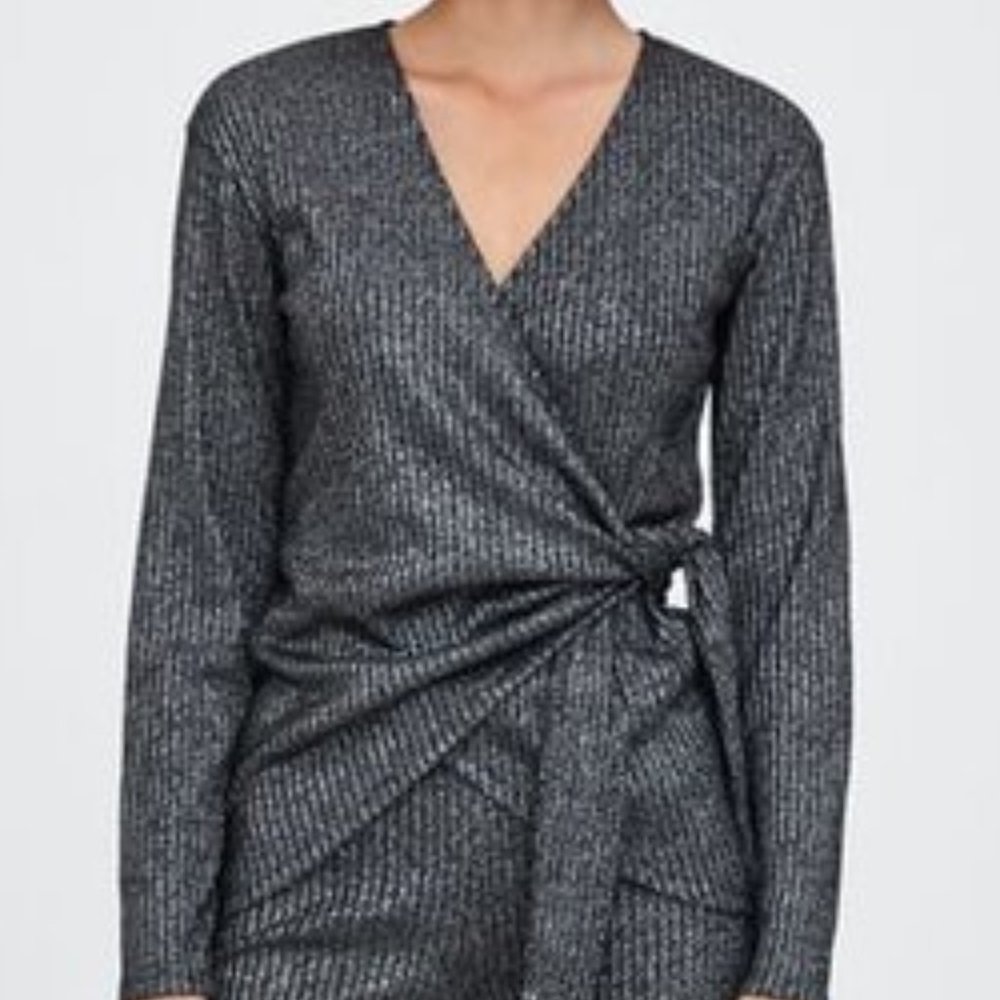 Zara Silver Ribbed Wrap Top. Size S. NWT